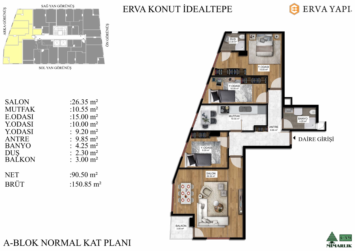 3+1 örnek kat planı